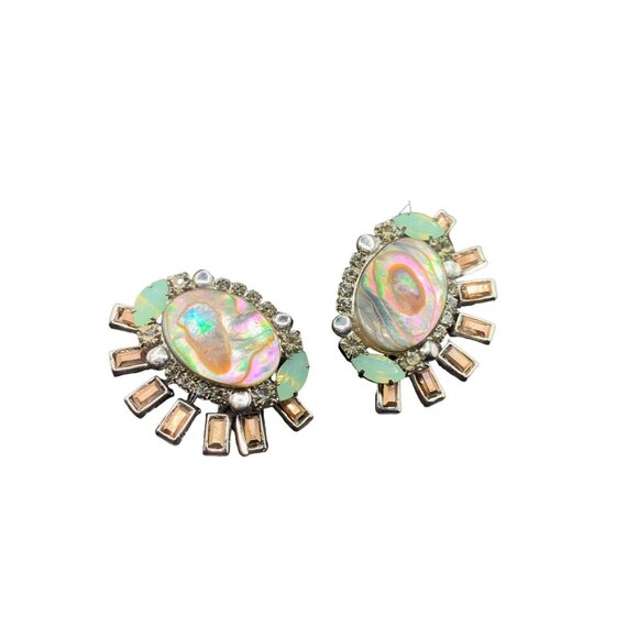 Signed Elizabeth Cole Clip Earrings Mother of Pearl Rhinestones Costume Jewelry - Picture 1 of 6